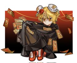 1girl black_background black_coat blonde_hair border coat don_quixote_(project_moon) double_bun e.g.o_(project_moon) flower full_body gradient_background hair_bun highres limbus_company looking_at_viewer project_moon red_background red_flower red_rose red_sheet_(e.g.o) red_shoes roier rose shoes short_hair simple_background sitting solo talisman white_border yellow_eyes