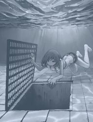 Rule 34 | 1girl, barefoot, bikini, bikini top only, breasts, denim, denim shorts, dithering, grate, hamsterfragment, imminent death, imminent suicide, jaggy lines, light rays, medium breasts, medium hair, monochrome, narrowed eyes, original, pool, raised eyebrows, shinohata sachie (hamsterfragment), short shorts, shorts, solo, sunbeam, sunlight, swimming, swimsuit, tile floor, tiles, underwater