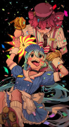 2girls absurdres apron black_background black_chemise black_eyes black_necktie blue_dress blue_hair blue_hat blush bow buttons collarbone collared_dress collared_shirt confetti crying crying_with_eyes_open double-breasted dress drill_hair gloves grin hair_between_eyes hand_up hat hat_bow hatsune_miku head_down head_on_another&#039;s_leg head_rest highres holding holding_pendulum hypnosis kasane_teto kepi kneehighs leg_up long_hair looking_at_another looking_at_object looking_down looking_up lying mesmerizer_(vocaloid) military_hat mind_control multiple_girls necktie on_back on_floor open_mouth pants pendulum pinstripe_hat red_bow red_hair red_pants sailor_collar sharp_teeth shirt short_sleeves skates skirt sleeves_rolled_up smile smiley_hat_ornament socks spiral suama_(suama-333) suspender_skirt suspenders tears teeth tongue tongue_out twin_drills twintails two-tone_bow upper_teeth_only utau very_long_hair visor_cap vocaloid waist_apron white_apron white_bow white_sailor_collar white_socks white_wrist_cuffs wing_collar wrist_cuffs yellow_gloves