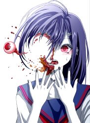 1girl black_nails blue_hair colored_skin earrings embarrassed guro hand_up highres jewelry long_hair looking_at_viewer looking_to_the_side open_mouth piercing red_eyes school_uniform simple_background surprised surprised_arms teeth tongue white_background white_skin yu-ki_iwata