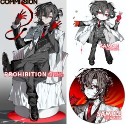 Rule 34 | 1boy, ahoge, alcohol, annoyed, arm up, backlighting, black boots, black hair, black pants, black vest, boots, business suit, buttons, chair, circle, coat, coin, collared shirt, commission, cropped, crossed legs, cup, double-breasted, drinking glass, drop shadow, emphasis lines, english text, expressionless, floating, formal clothes, full body, gloves, grey pants, grey vest, hair between eyes, hair over one eye, hand up, head tilt, highres, holding, holding cup, jacket, kamika, lab coat, light smile, long sleeves, looking at viewer, male focus, medium hair, messy hair, multiple views, necktie, open clothes, open coat, open jacket, original, outstretched arms, pants, parted bangs, pinstripe pattern, pinstripe vest, ponytail, portrait, reaching, red eyes, red gloves, red necktie, red wine, reference sheet, sample watermark, serious, shirt, shoes, short ponytail, sidelocks, simple background, sitting, sketch, sleeves past wrists, slit pupils, solo, sparkle, spread arms, standing, suit, upper body, vest, watermark, white background, white coat, white shirt, wine, wine glass