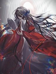 1boy black_eyes black_hair black_hanfu black_nails chinese_clothes chinese_commentary closed_mouth coat dao_gui_yi_xian floating floating_clothes floating_hair hair_between_eyes hair_bun half_updo hanfu highres ji_zai li_huowang long_hair long_sleeves looking_at_object male_focus mirror nail_polish open_clothes open_coat red_coat ringed_eyes robe single_hair_bun solo string string_of_fate very_long_hair wide_sleeves wuzi3742
