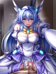 1boy 1girl blue_eyes blue_hair blurry blurry_background blush bow breasts celestia_(kouyoku_senki_exs-tia) censored cleavage clothed_female_nude_male clothed_sex clothing_aside covered_erect_nipples covered_navel cowgirl_position detached_sleeves elbow_gloves girl_on_top gloves hair_between_eyes hair_intakes happy_sex hetero highres indoors katsuragi_marina kouyoku_senki_exs-tia kozu_rokuta large_breasts leotard leotard_aside long_hair looking_at_viewer magical_girl mosaic_censoring nude open_mouth panties panties_aside penis pov pussy pussy_juice sex shiny_skin skirt smile solo_focus spread_legs straddling sweat thighhighs underwear vaginal white_gloves yellow_bow