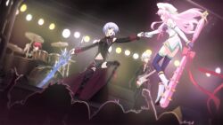 1girl 2boys aiguillette bandeau belted_skirt black_arm_garter black_bandeau black_boots black_dress black_thighhighs blood_tune blue_hair boots bow bracelet breasts celtic_cross chaos;head chaos;head_love_chu_chu! clothing_cutout club club_(weapon) collared_shirt concert corset covered_erect_nipples cross cross-laced_clothes cross-laced_skirt cross_pendant cross_print cute_weapon d-sword detached_sleeves dress earrings electric_guitar fingerless_gloves floating floral_print frilled_corset frills game_cg gloves glowing goth_fashion gothic_punk guitar hat holding holding_guitar holding_hands holding_instrument holding_sword holding_weapon huge_weapon instrument jacket jewelry kishimoto_ayase lace-trimmed_wrist_cuffs lace_bikini lace_trim lapels long_hair looking_at_another magical_girl makeup matsuo_yukihiro midriff multiple_boys navel necktie non-web_source official_art open_collar open_mouth outstretched_arm panties peaked_lapels phantasm pink_hair purple_eyes purple_lips red_cross red_frills red_hair red_ribbon red_shirt red_trim ribbon round_eyewear ryo_(chaos;head) samurai_condenser seira_orgel shirt short_hair skirt small_breasts spiked_bat spiked_club standing sunglasses sword thick_thighs thighhighs thighs underboob_cutout underwear weapon white_boots white_hat white_panties wrist_cuffs