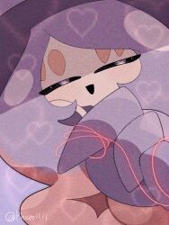 a-nya artist_name black_sclera blue_hair blush colored_sclera colored_skin gen_8_pokemon half-closed_eyes hatterene heart highres multicolored_hair nintendo open_mouth pink_skin pokemon pokemon_(creature) prehensile_hair smile string string_of_fate two-tone_hair