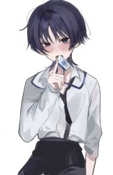 1boy alternate_costume arm_at_side bishounen black_eyes black_necktie black_pants blush button_gap card_in_mouth collared_shirt contemporary cowboy_shot formal_clothes genshin_impact hand_up high-waist_pants id_card index_finger_raised lanyard long_shirt long_sleeves looking_at_viewer loose_necktie male_focus mouth_hold necktie open_mouth pants purple_hair raised_eyebrows salaryman scaramouche_(genshin_impact) shirt shirt_tucked_in short_hair simple_background single_sleeve_past_elbow single_sleeve_past_wrist solo suit sweat t112 unkempt white_background white_shirt wolf_cut