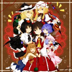 6+girls anger_vein ark_tr box box_of_chocolates candy chocolate cirno food gap_(touhou) gift gift_box group_picture hair_ribbon hakurei_reimu happy_valentine hat hat_ribbon heart highres holding holding_box holding_chocolate holding_food holding_gift holding_popsicle ibuki_suika jewelry kirisame_marisa looking_at_another mob_cap multiple_girls popsicle remilia_scarlet ribbon ring shameimaru_aya short_hair smile stare_down touhou wings yakumo_yukari yuri