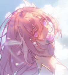 1girl blue_sky chinese_commentary cloud commentary_request diamond-shaped_pupils diamond_(shape) elysia_(herrscher_of_human:_ego)_(honkai_impact) elysia_(honkai_impact) flower flower_in_mouth highres honkai_(series) honkai_impact_3rd huashijie_(medium) iceliebediced pink_hair portrait purple_hair sky solo symbol-shaped_pupils
