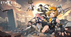2boys 4girls bird black_hair blonde_hair building character_request cloud etheria:_restart eyewear_on_head fingerless_gloves gloves grey_eyes gun holding holding_gun holding_polearm holding_weapon long_hair multiple_boys multiple_girls official_art open_mouth pink_hair polearm second-party_source short_hair spear sun weapon white_hair yellow_eyes