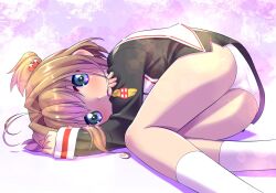 1girl antenna_hair aqua_eyes black_shirt black_shorts brown_hair cardcaptor_sakura hair_between_eyes hair_bobbles hair_intakes hair_ornament hand_on_own_arm highres himehachi_(hime8manga) kinomoto_sakura long_sleeves looking_at_viewer lying on_side open_mouth panties sailor_collar school_uniform serafuku shirt short_hair shorts socks solo tomoeda_elementary_school_uniform tomoeda_middle_school_uniform two_side_up underwear white_panties white_sailor_collar white_socks