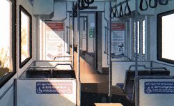 Rule 34 | door, english text, forced perspective, fruiitlins, highres, light particles, morning, no humans, original, pole, scenery, train interior, tree, wheelchair, window light