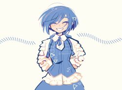 1girl ^_^ arms_behind_back blue_hair closed_eyes collared_shirt commentary_request cowboy_shot facing_viewer frilled_shirt frills fukurai_azami honzumaru limited_palette long_sleeves puffy_long_sleeves puffy_sleeves shirt short_hair simple_background skirt smile solo standing toshi_densetsu_kaitai_center white_background