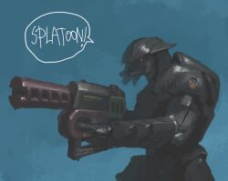 alien armor blue_background commentary gun halo_(series) holding holding_gun holding_weapon nintendo nona solo speech_bubble splatoon_(series) squid_print weapon yellow_eyes