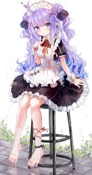 1girl :t absurdres ahoge aiu_. alternate_costume alternate_hairstyle apron azur_lane black_dress breasts closed_mouth dress enmaided frilled_dress frills full_body hair_bun hair_ornament highres long_hair looking_at_viewer maid maid_apron maid_headdress nail_polish neck_ribbon no_shoes pout puffy_short_sleeves puffy_sleeves purple_eyes purple_hair purple_nails red_ribbon ribbon short_sleeves sitting small_breasts socks solo stirrup_legwear toeless_legwear toenail_polish toenails toes unicorn_(azur_lane) wavy_hair white_apron white_socks wrist_cuffs x_hair_ornament