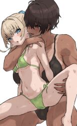 2girls bikini blonde_hair blue_eyes blush breasts brown_hair carrying carrying_person crotch_seam dark-skinned_female dark_skin height_difference highres kei_(m_k) large_breasts long_hair m_k multiple_girls original ponytail red_eyes rika_(m_k) short_hair side-tie_bikini_bottom simple_background size_difference standing sweat swimsuit tall_female tan tanline tomboy toned toned_female yuri
