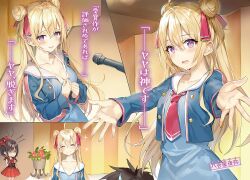 2girls :d blonde_hair blue_eyes blue_jacket blush bow breasts brown_hair character_name cleavage closed_eyes collarbone commentary_request double_bun dress floating_hair hair_between_eyes hair_bow hair_bun hair_ribbon head_tilt jacket large_breasts long_hair long_sleeves looking_at_viewer microphone momoko_(momopoco) multiple_girls necktie novel_illustration official_art open_clothes open_jacket open_mouth oshiego_ni_kyouhaku_sareru_no_wa_hanzai_desu_ka? outstretched_arms outstretched_hand purple_eyes red_bow red_dress red_necktie red_ribbon ribbon second-party_source smile sparkle translation_request tsutsukakushi_seika very_long_hair yayaya_yaya