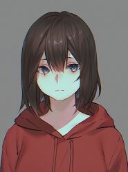 Rule 34 | 1girl, 23i2ko, :|, averting eyes, bob cut, brown hair, closed mouth, facing viewer, grey background, hair between eyes, hood, hood down, hoodie, original, red hoodie, short hair, simple background, solo, upper body