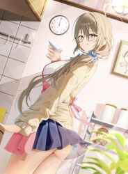 1girl absurdres akane_(blue_archive) akane_(school_uniform)_(blue_archive) apron ass blue_archive blue_scrunchie blue_skirt breasts brown_eyes brown_hair clock hair_ornament hair_scrunchie highres indoors kitchen_hood large_breasts looking_at_viewer miniskirt neru_(blue_archive) pink_apron plant pleated_skirt potted_plant scrunchie shirt side-tie_peek skirt solo thighs tongue tongue_out wall_clock warashinaryou white_shirt