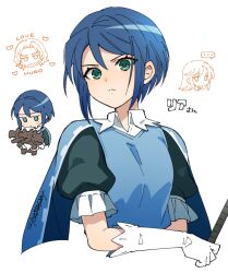 ... 1girl 2boys aramis_(unicorn_overlord) blue_cape blue_hair blush_stickers cape character_name chibi closed_mouth commentary_request cropped_torso dragon english_text gloves green_eyes holding holding_weapon hugo_(unicorn_overlord) l_(matador) leah_(unicorn_overlord) long_hair looking_at_viewer multiple_boys puffy_short_sleeves puffy_sleeves short_hair short_sleeves signature simple_background unicorn_overlord weapon white_background white_gloves