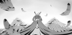 1girl ahoge bird_girl bird_wings brown_capelet brown_cloak capelet cloak falling_feathers feather_hair_ornament feathers from_behind gradient_background greyscale hair_ornament highres hololive hololive_english hood hooded_cloak monochrome motion_blur nanashi_mumei nanashi_mumei_(1st_costume) ritsukichrilip9 virtual_youtuber wings