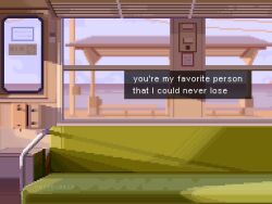 bench cloud cloudy_sky english_text highres horizon lamppost no_humans onlypixeeels original pixel_art poster_(object) scenery shadow sign sky sunlight train_interior train_station window