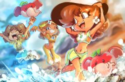 3girls absurdres blue_eyes brown_hair closed_eyes earrings elephant_fruit flower_earrings hat highres jacket jewelry mario_(series) mario_kart mario_kart_world midriff multiple_girls navel nintendo one_eye_closed open_mouth pants princess_daisy princess_daisy_(oasis) princess_daisy_(swimwear)_(mario_kart_world) princess_daisy_(touring) sakaruchibi smile water yellow_jacket yellow_pants