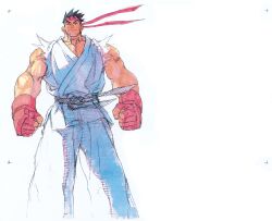 1boy black_hair clenched_hands closed_eyes dougi fingerless_gloves forked_eyebrows from_below game_cg gloves headband highres light_smile male_focus martial_arts_belt mma_gloves muscular muscular_male nishimura_kinu non-web_source official_art red_gloves red_headband ryu_(street_fighter) short_hair sleeveless solo street_fighter street_fighter_iii_(series) torn_clothes torn_sleeves