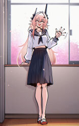 Rule 34 | 1girl, absurdres, alternate costume, arknights, asymmetrical horns, black horns, black neckerchief, black sailor collar, black skirt, closed eyes, contemporary, dryegen, full body, hand up, highres, horns, indoors, long hair, long sleeves, midriff peek, neckerchief, open mouth, pink hair, sailor collar, school uniform, serafuku, shirt, shoes, skirt, smile, solo, theresa (arknights), waving, white serafuku, white shirt, white shoes, window, wooden floor