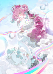 1girl absurdres air_bubble aqua_eyes aqua_hair black_shoes bubble capelet chinese_commentary closed_mouth cloud commentary_request dress full_body gradient_hair highres honkai:_star_rail honkai_(series) hyacine_(honkai:_star_rail) little_ica_(honkai:_star_rail) loafers long_sleeves lying medium_hair multicolored_hair on_side pantyhose pink_capelet pink_dress pink_hair qinglan1044 rainbow shoes smile solo twintails white_pantyhose
