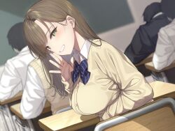 1girl 4boys blue_bow blue_bowtie blurry blurry_background blush bow bowtie breasts brown_cardigan cardigan chair classroom collared_shirt desk diagonal-striped_bow dutch_angle go-1 hand_up highres large_breasts long_hair long_sleeves looking_at_viewer multiple_boys original school_chair school_desk school_uniform shirt sitting smile solo_focus white_shirt yellow_eyes
