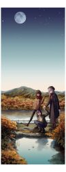 3girls absurdres autumn autumn_leaves black_coat black_footwear black_hair black_pantyhose black_skirt blazer blue_pants blue_sky bob_cut boots border breasts brown_coat brown_footwear brown_jacket brown_sweater bush coat collared_shirt denim enpera full_moon gradient_sky helping highres higuchi_kaede higuchi_kaede_(4th_costume) holding holding_hands holding_leaf jacket jeans jewelry jk_gumi_(nijisanji) lake large_breasts leaf leaf_on_liquid loafers long_hair long_skirt long_sleeves looking_at_another looking_up maple_leaf medium_hair million_mandala moon mountainous_horizon multiple_girls nijisanji open_clothes open_coat open_jacket outdoors pants pantyhose pendant plaid_clothes plaid_scarf pleated_skirt purple_eyes purple_hair red_scarf red_shirt red_socks reflection reflective_water ring scarf shirt shizuka_rin shizuka_rin_(6th_costume) shoes skirt sky smile socks squatting star_(sky) starry_sky sweater tsukino_mito tsukino_mito_(6th_costume) turtleneck turtleneck_sweater virtual_youtuber walking water white_border wide_shot winter_clothes winter_coat yellow_eyes