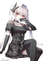 1girl absurdres black_choker black_dress black_thighhighs breasts cellphone choker collarbone dmith dragon_girl dragon_horns dress elbow_gloves evil_grin evil_smile fate/grand_order fate_(series) fingerless_gloves fingernails gloves grin highres horns jewelry kiyohime_(fate) long_fingernails long_hair looking_at_viewer necklace phone plaid_clothes plaid_dress red_eyes red_nails see-through_clothes see-through_sleeves short_sleeves signature sitting small_breasts smartphone smile solo thighhighs thighs twintails very_long_hair watermark web_address white_background white_hair