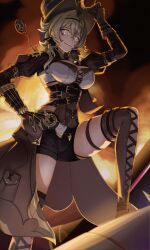1girl absurdres black_shorts boots breasts brown_corset brown_gloves brown_hair commentary_request corset explosion gloves grey_eyes hair_intakes hat highres honkai_(series) honkai_impact_3rd lace-up_boots large_breasts medium_hair niao_fan parted_lips short_shorts shorts shrug_(clothing) solo thigh_boots thighs top_hat vill-v