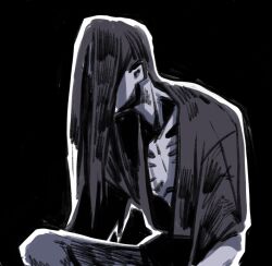 1boy black_background greyscale hair_over_eyes homicipher lauveia long_hair monochrome mr._crawling open_clothes open_shirt sitting sketch solo