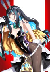 1girl animal_ears black_hair black_leotard blue_hair brown_pantyhose colored_inner_hair eyeliner fate/grand_order fate_(series) glowing_pupils gold_jacket grey_eyes highleg highleg_leotard highres jacket leotard makeup multicolored_hair multicolored_jacket multicolored_leotard pantyhose playboy_bunny rabbit-shaped_pupils rabbit_ears symbol-shaped_pupils tenochtitlan_(fate) tenochtitlan_(swimsuit_mooncancer)_(fate) tenochtitlan_(swimsuit_mooncancer)_(third_ascension)_(fate) two-sided_gloves two-tone_jacket uzu_asc wavy_hair yellow_jacket