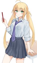 1girl absurdres ahoge artoria_caster_(fate) artoria_pendragon_(fate) blonde_hair blush breasts cellphone collared_shirt fate/grand_order fate_(series) green_eyes grey_skirt highres kopaka_(karda_nui) long_hair looking_at_viewer necktie phone pleated_skirt shirt skirt sleeves_rolled_up small_breasts smile solo thighs twintails white_shirt