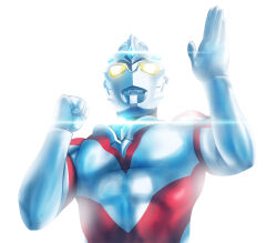 Rule 34 | 1boy, abs, absurdres, alien, black skin, blue gemstone, clenched hand, color timer, colored skin, commentary, crystal, diffraction spikes, dorsal fin, fighting stance, forehead jewel, from below, gem, glowing, glowing eyes, hands up, highres, looking ahead, male focus, multicolored skin, muscular, muscular male, no pupils, overexposure, pectorals, red skin, silver skin, simple background, solo, tokusatsu, ultra series, ultraman arc, ultraman arc (series), upper body, white background, yellow eyes, yoshifuto