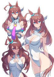 Rule 34 | 1girl, animal ears, bare shoulders, blue eyes, breasts, brown hair, cleavage cutout, clothing cutout, collarbone, collared leotard, commentary, covered navel, cowlick, crossed arms, detached sleeves, hair between eyes, hairband, hashtag-only commentary, highleg, highleg leotard, highres, horse ears, horse girl, horse tail, inward flipped hair, leotard, long hair, looking at viewer, medium breasts, metal hairband, mihono bourbon (umamusume), multiple views, necktie, one eye closed, pink necktie, simple background, tail, thighhighs, umamusume, white background, white leotard, white thighhighs, yuuri (sinjitu-no-yukue)