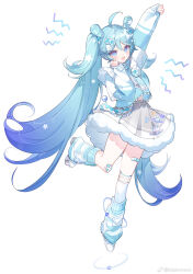 1girl :d absurdres ahoge arm_up bandaid bandaid_on_knee bandaid_on_leg blue_eyes blue_hair blue_jacket blush chinese_commentary commentary_request coxx8 full_body fur-trimmed_skirt fur_trim grey_skirt hatsune_miku highres jacket leg_warmers long_hair long_sleeves looking_at_viewer open_mouth outstretched_arm roller_skates shoes simple_background single_thighhigh skates skirt sleeves_past_wrists smile solo standing standing_on_one_leg thighhighs track_jacket twintails very_long_hair vocaloid watermark weibo_watermark white_background white_shoes white_thighhighs