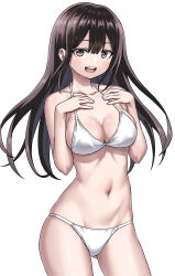 1girl absurdres bikini black_hair breasts brown_eyes cleavage commentary_request contrapposto hands_on_own_chest highres long_hair medium_breasts navel original partial_commentary simple_background smile solo swimsuit tuskryo upper_body white_background white_bikini