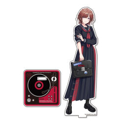 1girl bag black_shoes black_skirt hair_ornament higuchi_madoka holding holding_bag idolmaster idolmaster_shiny_colors mole mole_under_eye nail_polish paperclip red_eyes red_hair red_scarf scarf shoes skirt solo