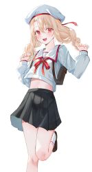 1girl absurdres backpack bag black_skirt blonde_hair braid brown_bag brown_shoes fate/kaleid_liner_prisma_illya fate_(series) hair_between_eyes hat highres holding holding_own_hair illyasviel_von_einzbern kaze_22 leg_up loafers long_hair long_sleeves looking_at_viewer miniskirt open_mouth pleated_skirt red_eyes shirt shoes simple_background skirt smile socks solo twin_braids white_background white_hat white_shirt white_socks
