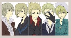 5boys acm adjusting_eyewear axis_powers_hetalia beret blonde_hair color_connection column_lineup cross denmark_(hetalia) finland_(hetalia) glasses gloves hair_ornament hairclip hat iceland_(hetalia) male_focus military military_uniform multiple_boys norway_(hetalia) sailor short_hair sweden_(hetalia)