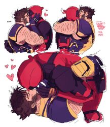 2boys arm_hair back bara beard biceps black_gloves blue_gloves bodysuit brown_hair closed_eyes couple deadpool deadpool_&amp;_wolverine deadpool_(series) facial_hair gloves hand_on_another&#039;s_face heart hug kiss korean_commentary male_focus marvel marvel_cinematic_universe multiple_boys muscular muscular_male ppoooooolvrmm red_bodysuit red_mask short_hair sleeveless superhero_costume sweatdrop two-tone_bodysuit wolverine_(x-men) x-men yaoi yellow_bodysuit