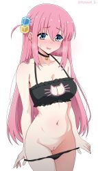 1girl absurdres bell black_bra black_choker black_panties blue_eyes blush bocchi_the_rock! bra breasts cat_cutout cat_ear_panties cat_lingerie choker cleavage cleavage_cutout clothing_cutout cowboy_shot cube_hair_ornament furrowed_brow gotoh_hitori hair_ornament highres long_hair looking_at_viewer meme_attire navel neck_bell open_mouth panties panty_pull pink_hair pulling_own_clothes pussy roswell_ss side_ahoge simple_background solo stomach sweatdrop uncensored underwear very_long_hair white_background