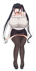 black_hair breasts gigantic_breasts lips lipstick makeup miniskirt red_eyes skirt sweater thick_thigh twintails u_na_765