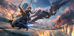 1boy 2girls absurdres ahoge aircraft airplane arm_up barefoot battle black_gloves black_hair bridge car city cloud day dress energy_gun explosion explosive facial_hair fighter_jet firing fisheye gloves grenade headset helmet highres holding holding_weapon hover_bike hover_vehicle looking_back mecha military military_vehicle missile moon motor_vehicle multi-lane_road multiple_girls original outdoors perspective planet ponytail riding road robot science_fiction shadow short_hair signature smoke smoke_trail soraizumi sports_car standing suspension_bridge tactical_clothes twitter_username unused_tire vanishing_point vehicle_chase weapon wheel white_dress white_hair
