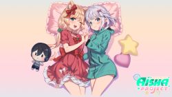2girls ;d alia_adelia animal_ear_fluff blonde_hair blue_eyes blush bow braid brooch character_doll character_request closed_mouth commentary commission cosplay criss-cross_halter cropped_legs dress english_text eromanga_sensei frilled_dress frills glasses green_eyes green_jacket hair_bow hair_ornament hairclip halterneck highres holding_hands hood hood_down hooded_jacket interlocked_fingers izumi_sagiri izumi_sagiri_(cosplay) jacket jewelry long_hair low_twintails maha5 multiple_girls official_art one_eye_closed open_mouth piano-alice puffy_short_sleeves puffy_sleeves red_bow red_dress short_hair short_sleeves silver_hair smile teeth translation_request twintails upper_teeth_only very_long_hair virtual_youtuber white_bow