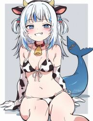 1girl animal_ears animal_print asami-chan bell bikini blue_eyes blue_hair breasts cow_ears cow_horns cow_print cow_print_bikini elbow_gloves fins fish_tail gawr_gura gloves highres hololive hololive_english horns looking_at_viewer medium_breasts multicolored_hair navel neck_bell print_bikini shark_girl shark_tail smile solo swimsuit tail virtual_youtuber