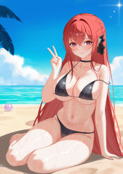 1girl absurdres azur_lane beach bikini black_bikini black_choker blue_sky breasts choker cleavage closed_mouth cloud collarbone crossed_bangs hand_up highres large_breasts long_hair looking_at_viewer monarch_(azur_lane) monarch_(sovereign_of_the_beach)_(azur_lane) nanqizizhou navel ocean official_alternate_costume outdoors purple_eyes red_hair sand sitting sky smile solo stomach swimsuit v water